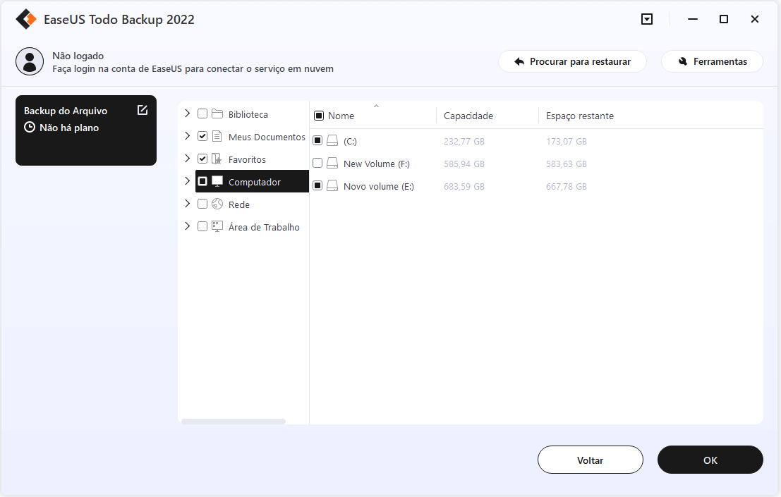 selecione o tipo de arquivo para fazer backup